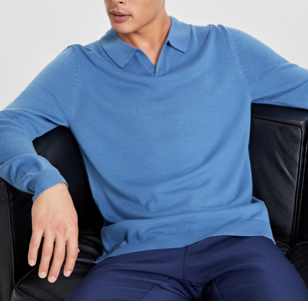 Alfani Men's Long-Sleeve Johnny Collar Merino Sweater Blue Shale Size XXL